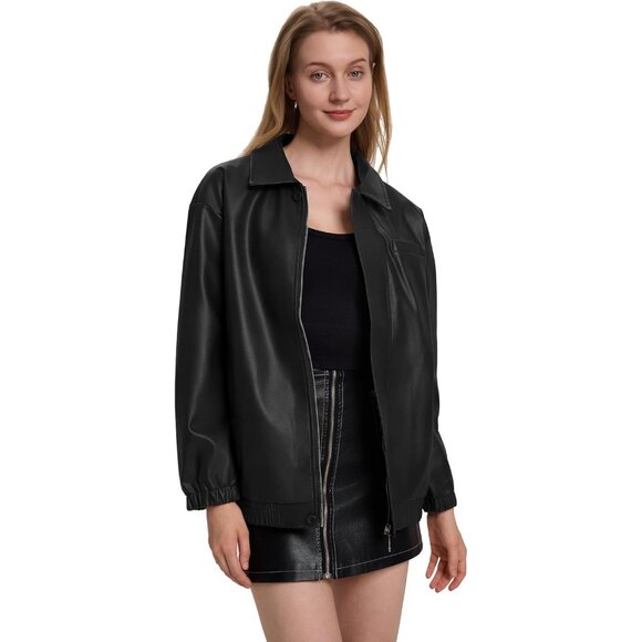 Women's Black Faux Leather Zip-Up Jacket with Elastic Cuffs and Collar - Picture 2 of 7